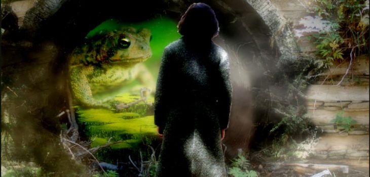 Ghostly figure is confronted by a giant frog.