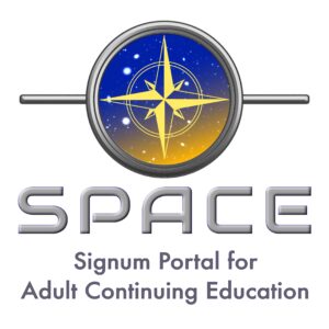 SPACE logo, a golden two-dimensional compass on a field of stars