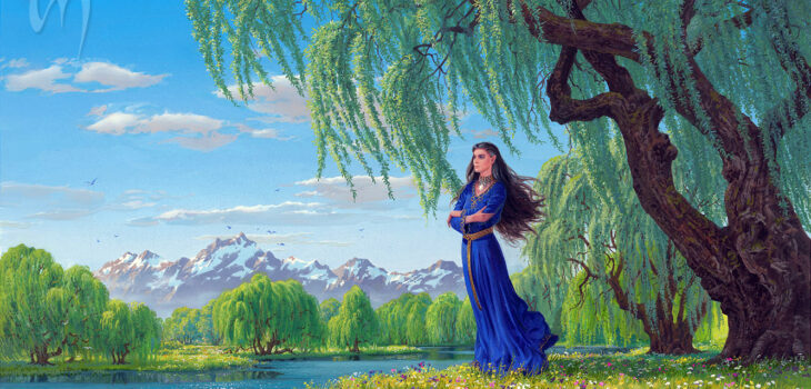 This lovely work, titled Lùthien at Tol Galen, features a tall elf with wind-blown dark tresses wearing a blue dress. Ted Nasmith rendered Luthien as an echo of the gracefulness of the willow trees among which she stands, but we see a depth to her through her crossed arms, still posture, and thoughtful gaze.