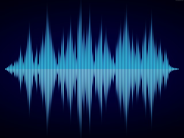 A black background with blue audio frequency graphics.