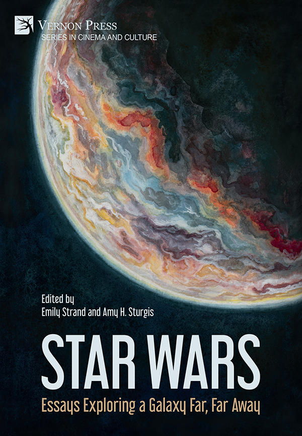 Star Wars: Essays Exploring a Galaxy Far, Far Away, edited by Amy H. Sturgis and Emily Strand, published by Vernon Press. These are facts, rendered in light colors in a sans serif font. But the picture. Emily Austin has rendered a looming planet which intrudes from the top right corner of the cover. Its presence is forboding; its bands of fluid colors speak to tumultuous weather, alien climate, life as we have never conceived of it. Emily makes us laugh at the notion that we are alone in the Universe, or that we can conceive of even one-millionth of its beauty.