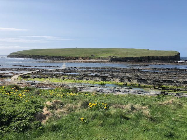 A stunning picture of a flat tidal island ringed by low cliffs taken from the nearby shore. The tide is coming in: we can see the path from the meadowed shore to island, but it is under about a foot of seawater at this moment. The island is grassy with some very old moss-covered stone ruins on the near, leeward, side. In the distance can barely be seen the tower of a lighthouse on the seaward, windward side of the island. I will tell plenty of stories about this island if you ask!