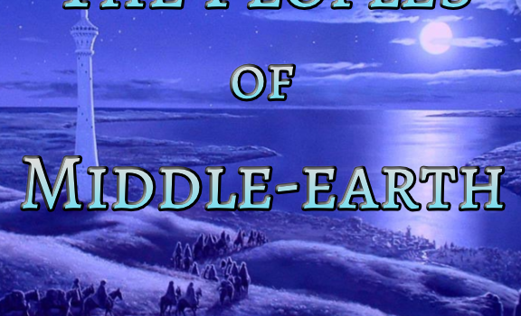 A distant moon lights up the sea and near shore. People walk and ride by its light past a white tower toward a coastal settlement.